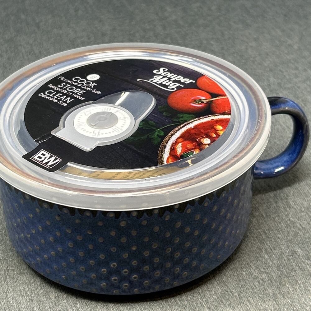 Boston Warehouse Super Mug Ceramic 20oz Soup Bowl Lid Blue Polka Dot Oven Safe